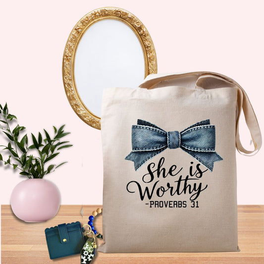 She is Worthy reusable tote bag